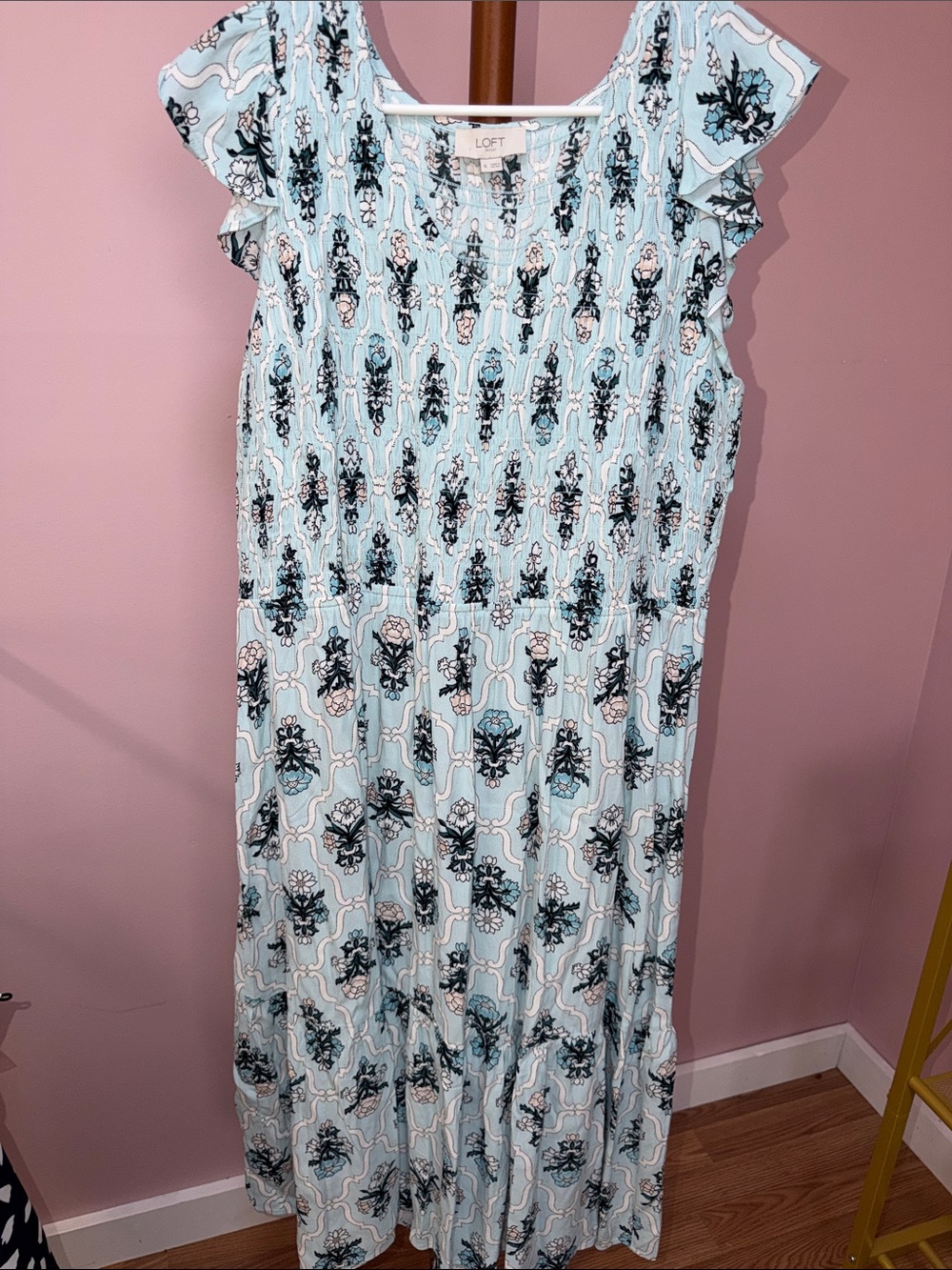 LOFT Sky Blue Floral Maxi Dress with Black Pattern